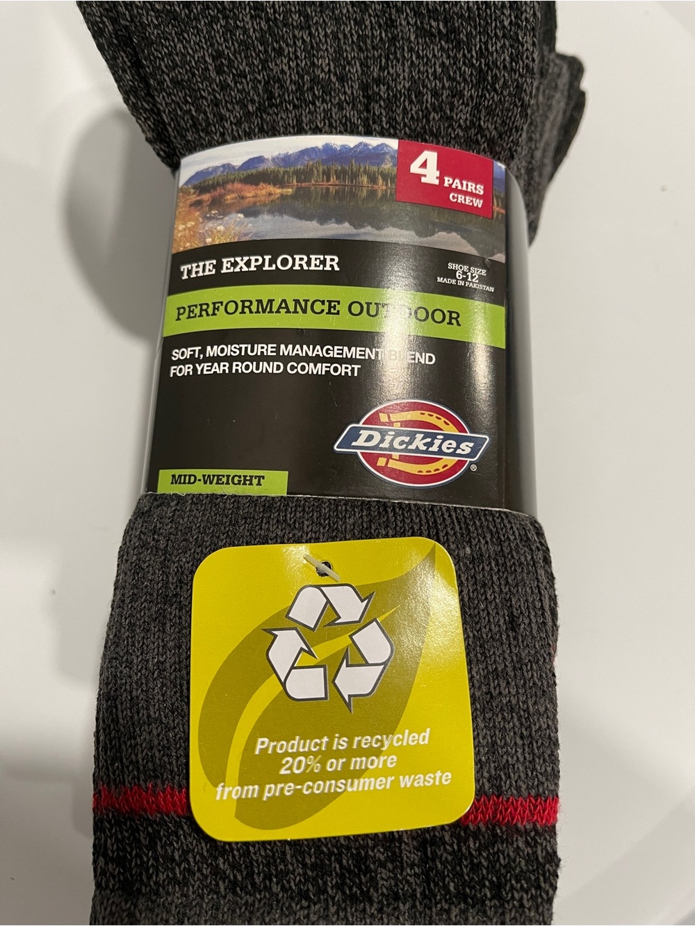 4 Pairs Dickies Men's Explorer Crew Socks - Charcoal Gray with Red Stripe